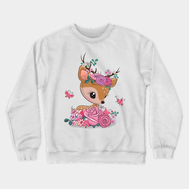 Cute roe deer with flowers on its head. Crewneck Sweatshirt by Reginast777